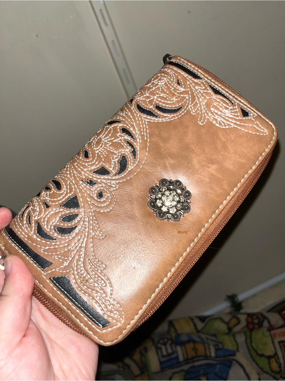 Brown Embroidered Zip Wallet with Decorative Medallion